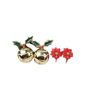 2 pair VTG Christmas Screwback Earrings Ornament Holly Poinsettia Gold Unsigned